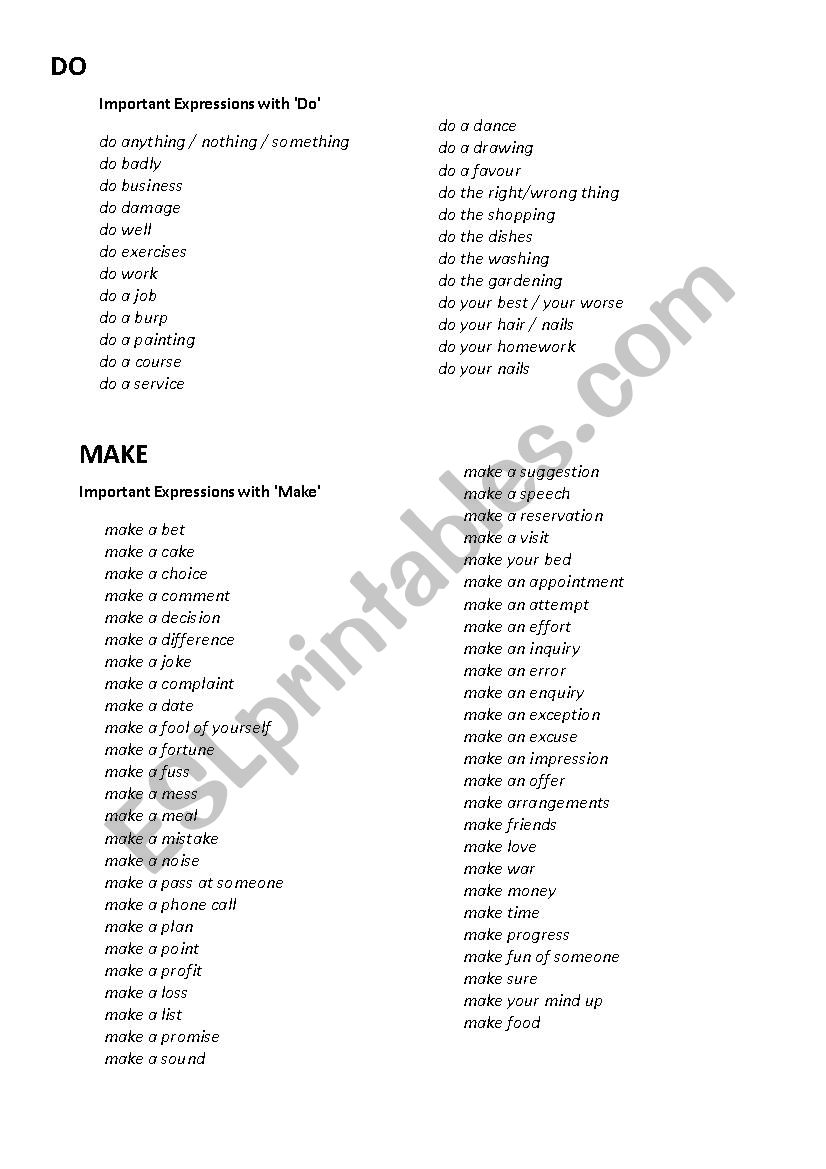 Make and Do  worksheet