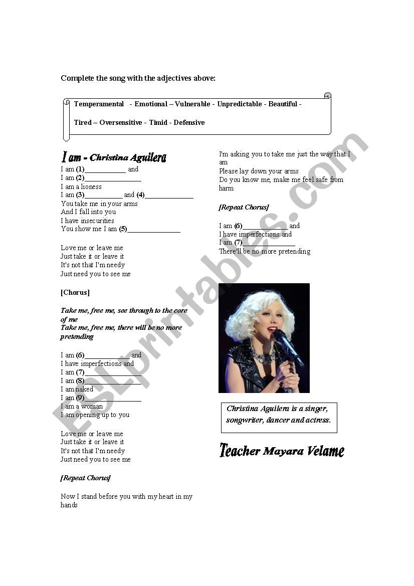 Song Worksheet - I am - Christina Aguilera