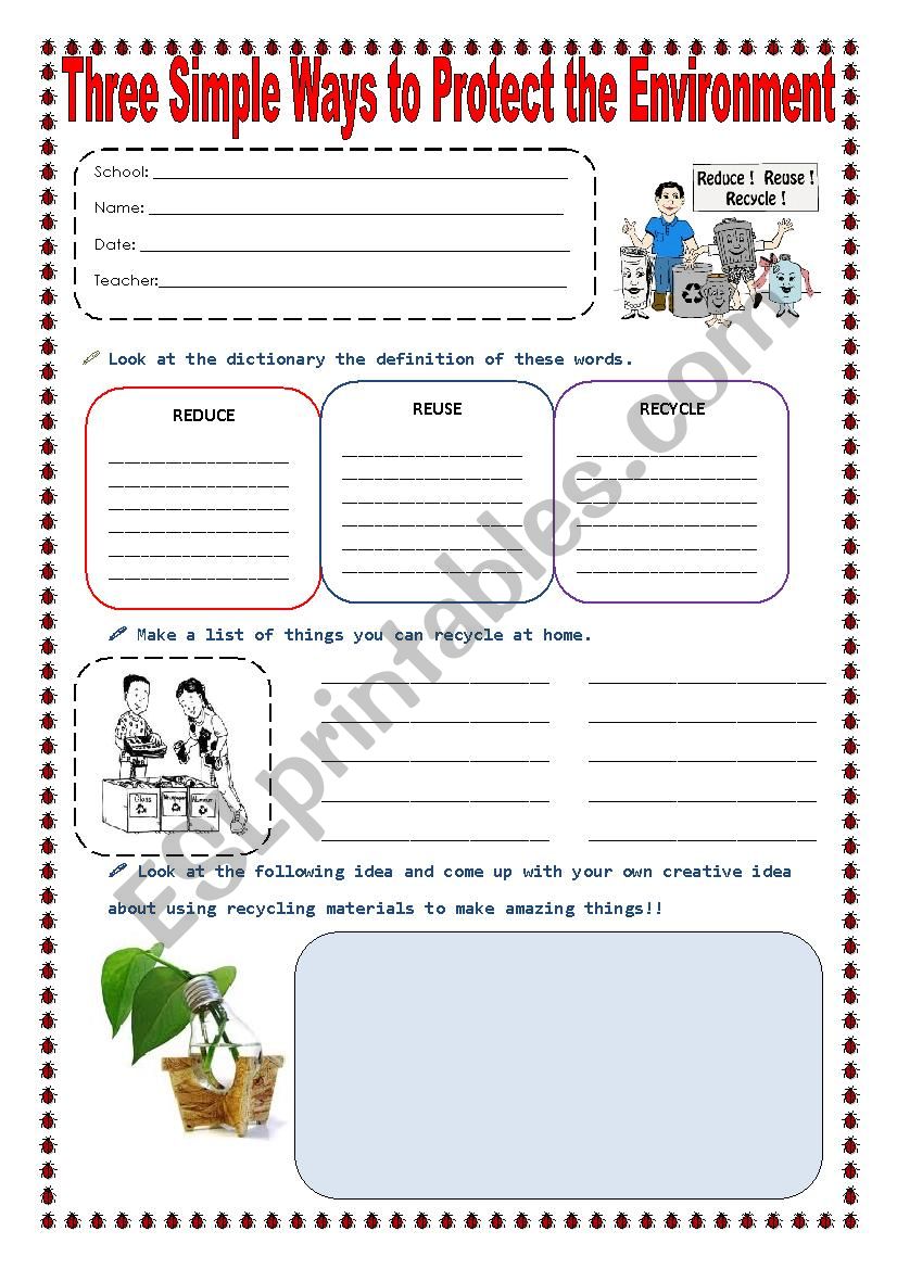 REDUCE REUSE AND RECYCLE - ESL worksheet by Sonyta11 Pertaining To Reduce Reuse Recycle Worksheet