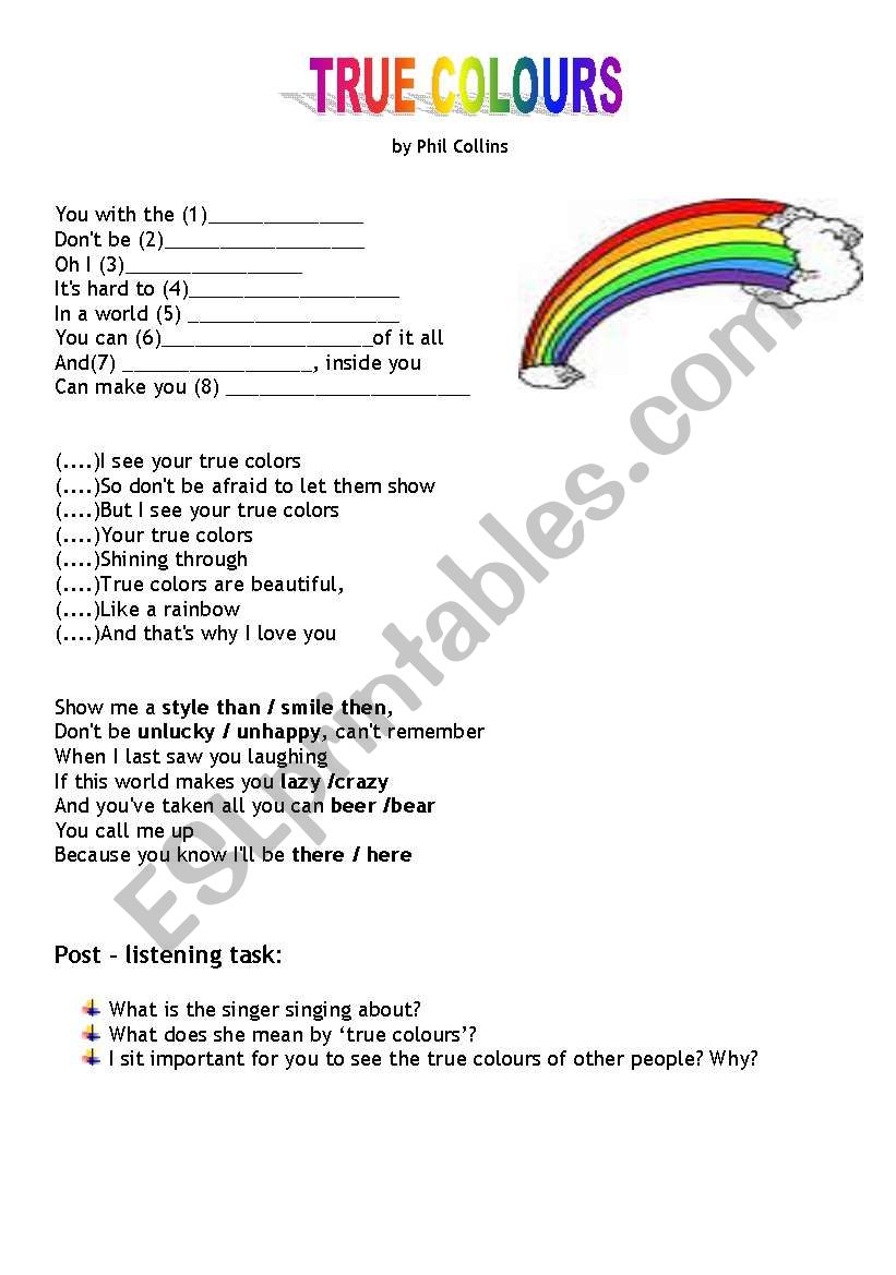 True colours song activity worksheet