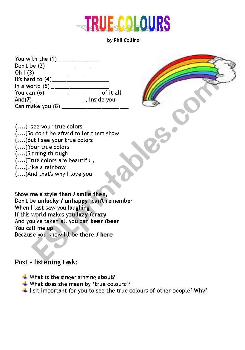 True Colours Song Activity Esl Worksheet By Milva27