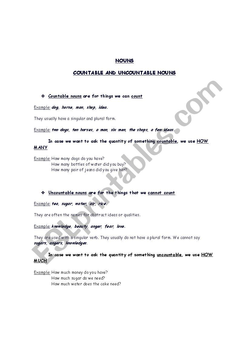 Countable and Uncountable Nouns