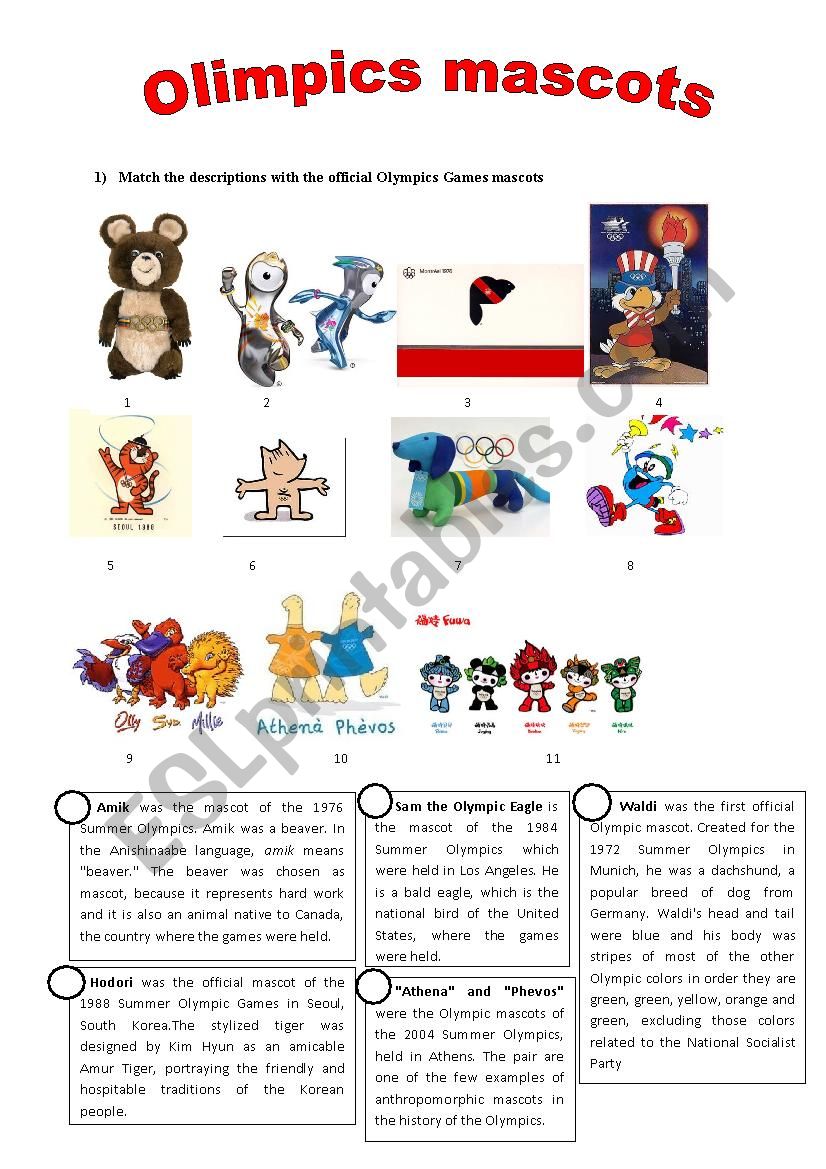 Match the descriptions with the official Olympics Games mascots 