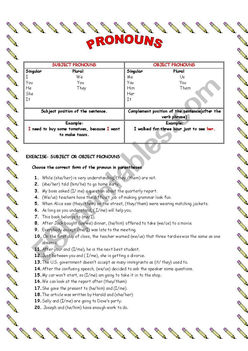 SUBJEC AND OBJECT PRONOUNS  worksheet