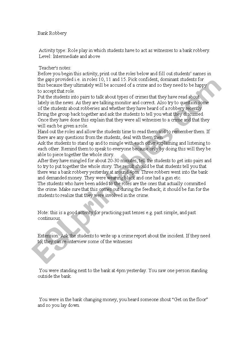 Bank Robbery Role Play worksheet