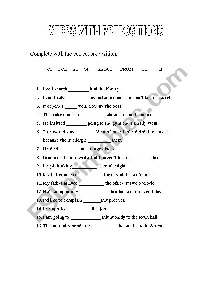 Verbs with prepositions worksheet