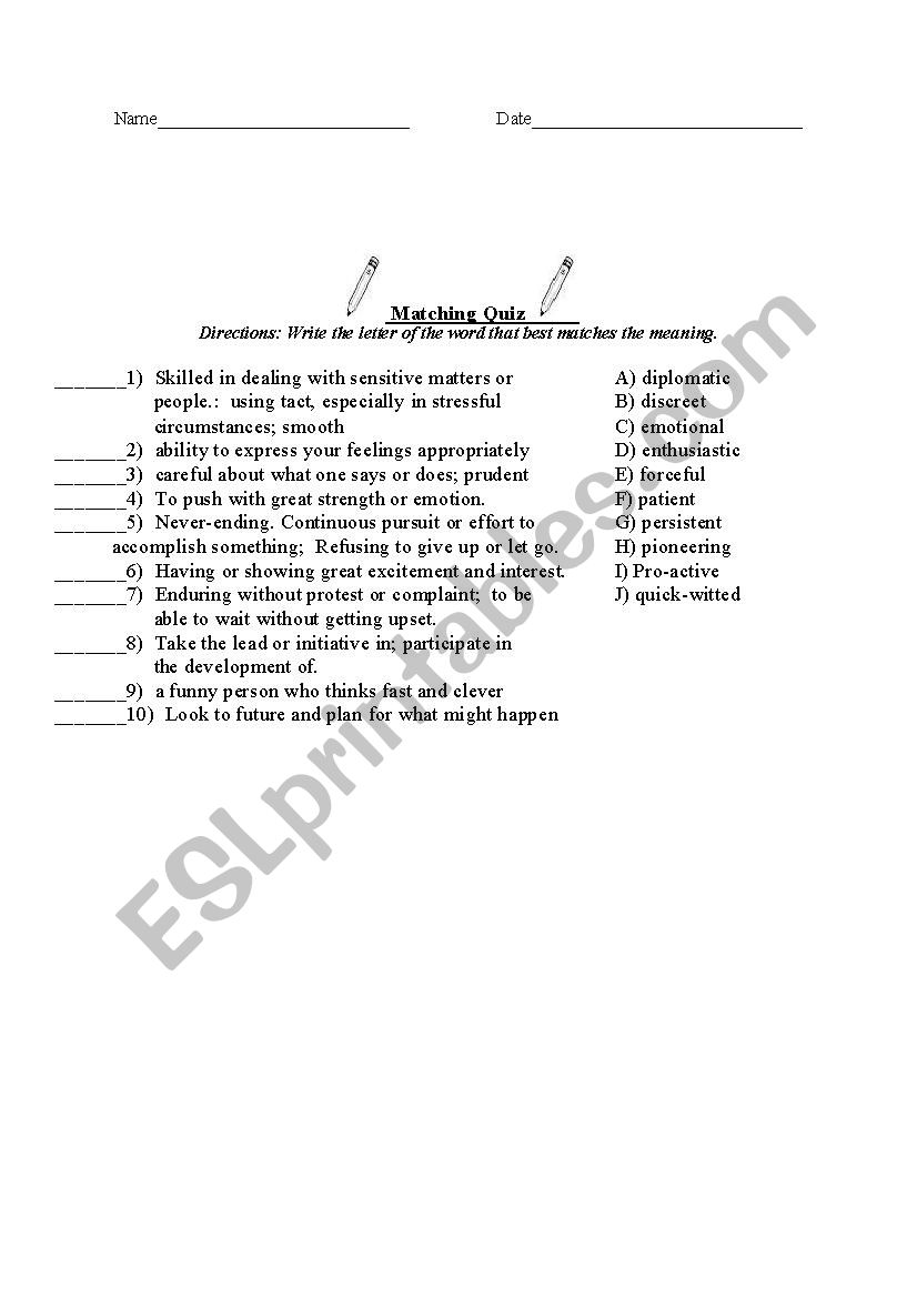 Matching and Multiple Choice with key 10 Personality words