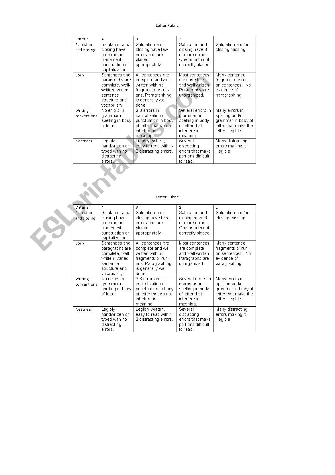 Application Letter rubric worksheet