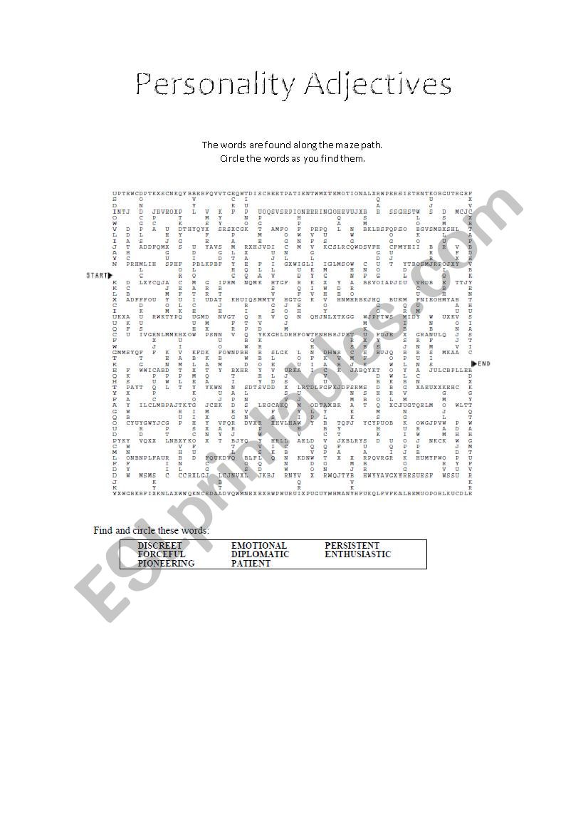 Maze and Word Circle Personality Adjectives with Key