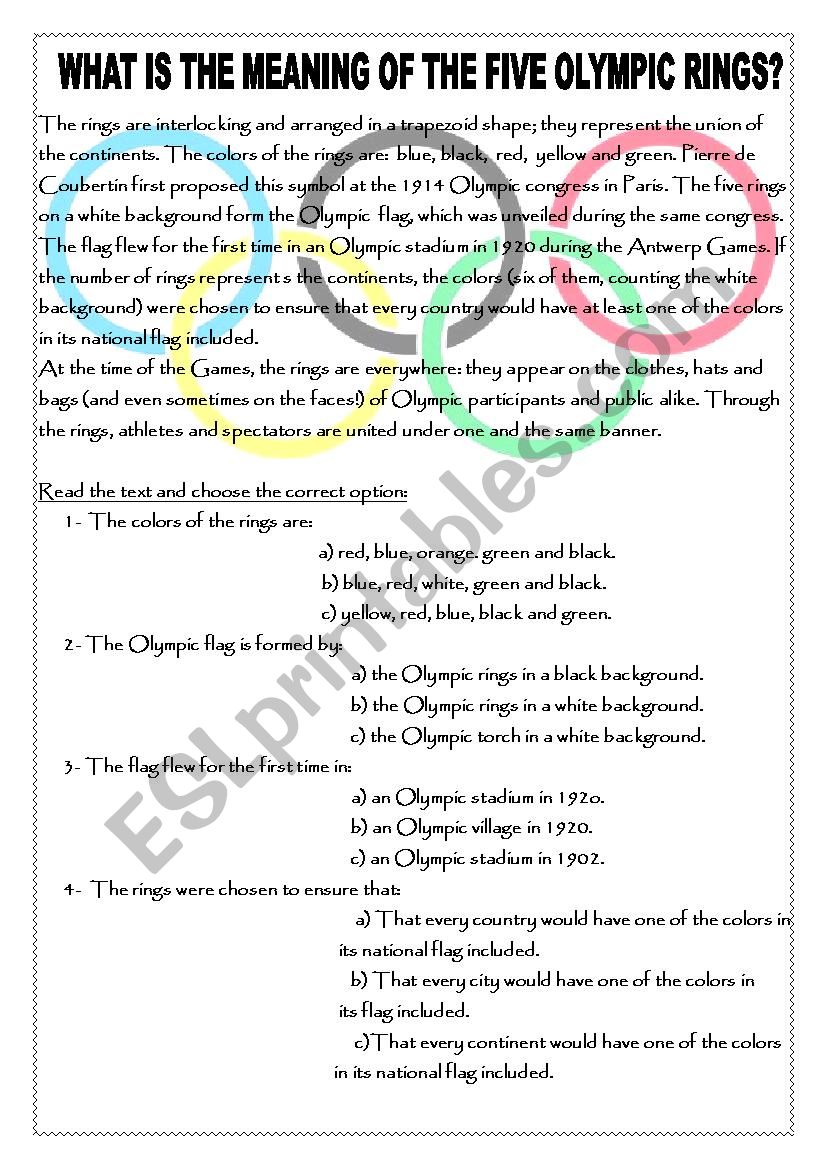 What is the meaning of the Olympic rings? ESL worksheet by Juli2ar