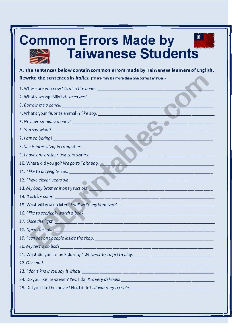 Common Errors Made by Taiwanese Learners of English