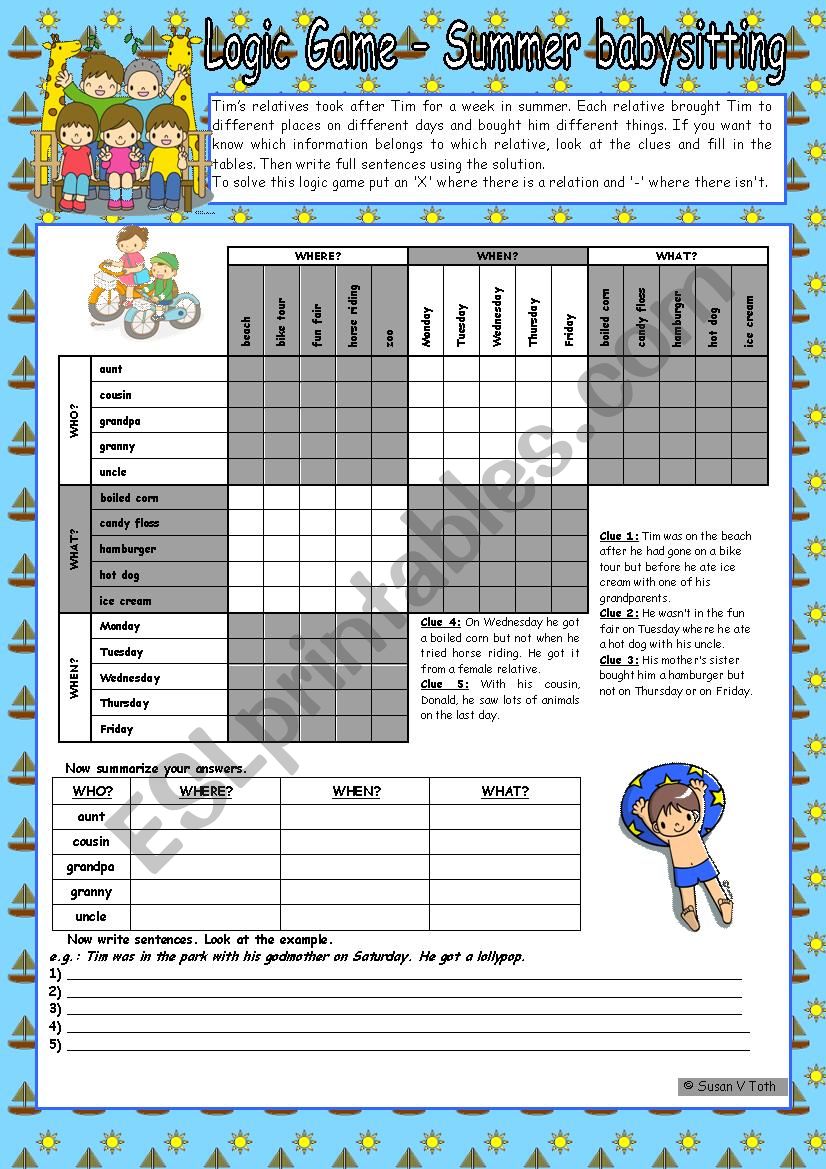 Logic game (42nd) - Summer babysitting *** for intermediate ss *** with key *** fully editable *** B&W