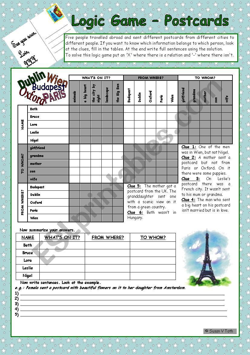 Logic game (43rd) - Postcards *** for elementary ss *** with key *** fully editable *** B&W