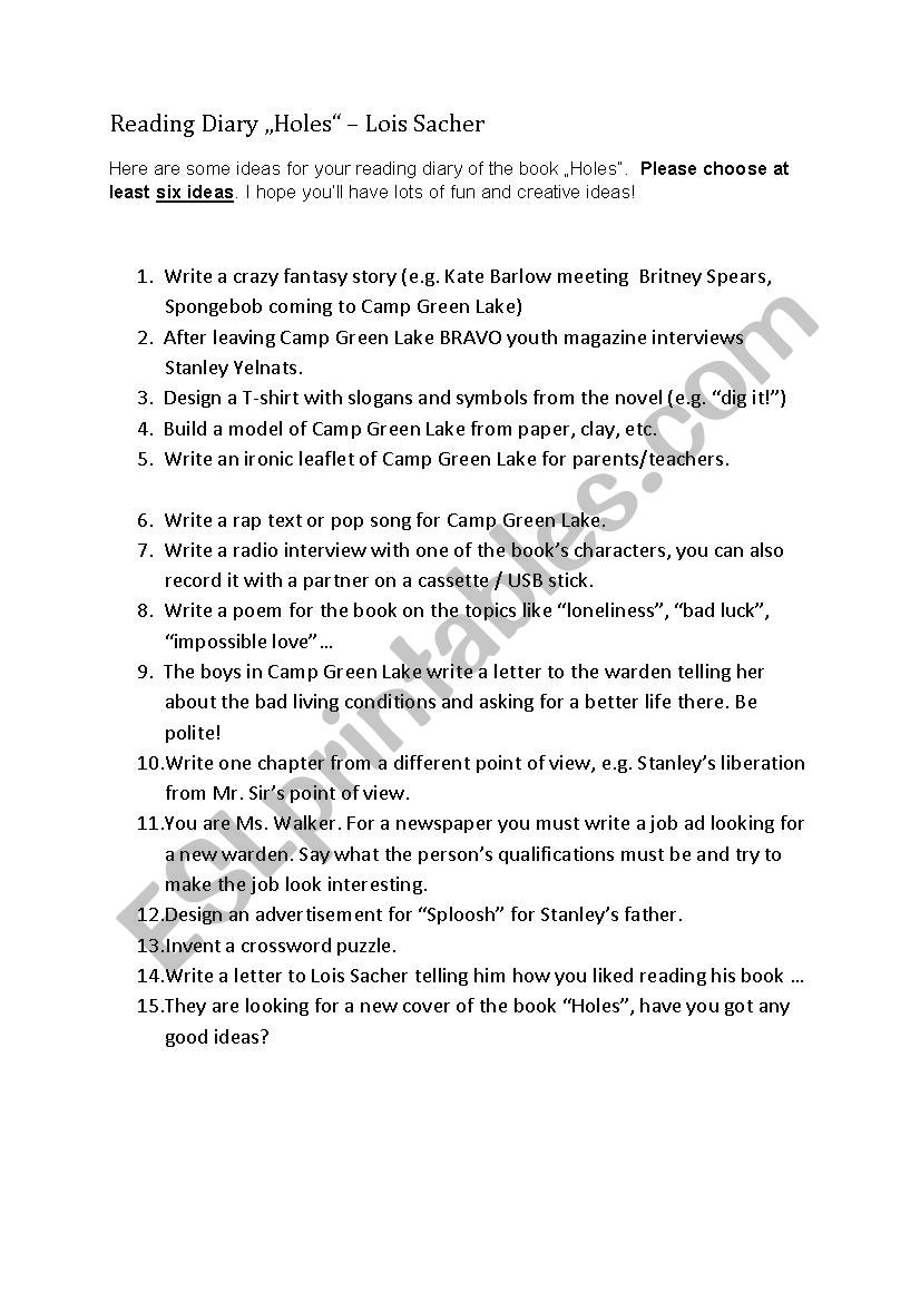 Holes - a reading diary worksheet