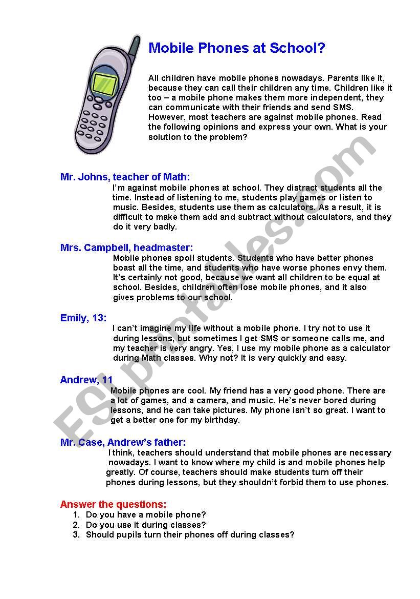 Mobile Phones at School worksheet