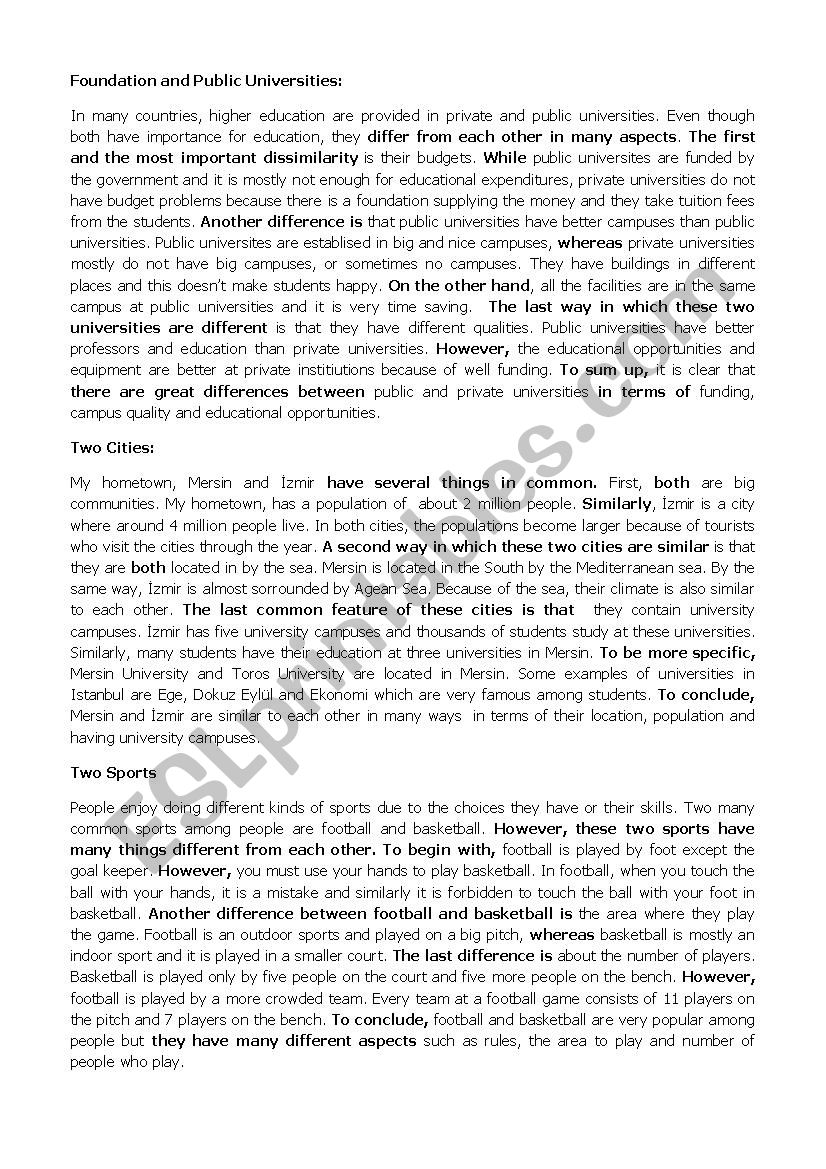 Similarities and Differences worksheet