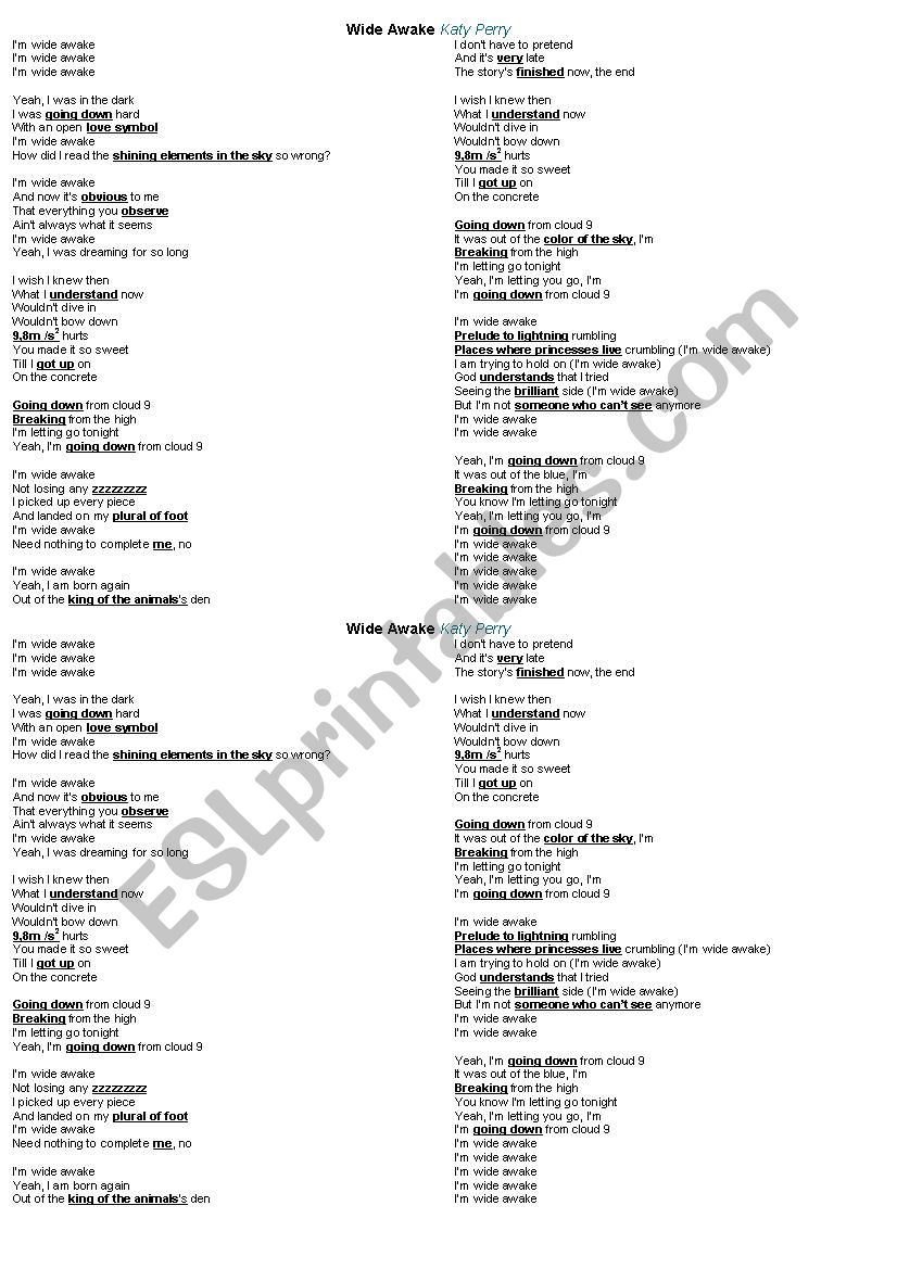 Wide Awake by Katy Perry worksheet