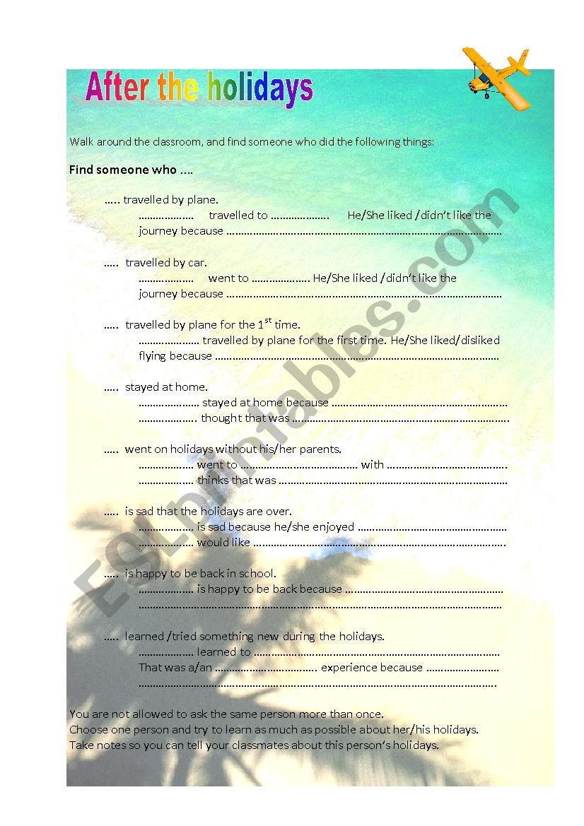 After the holidays worksheet