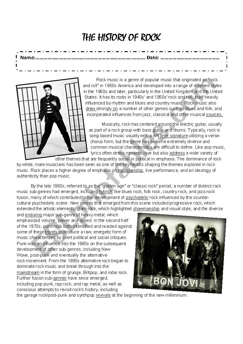 The history of rock worksheet