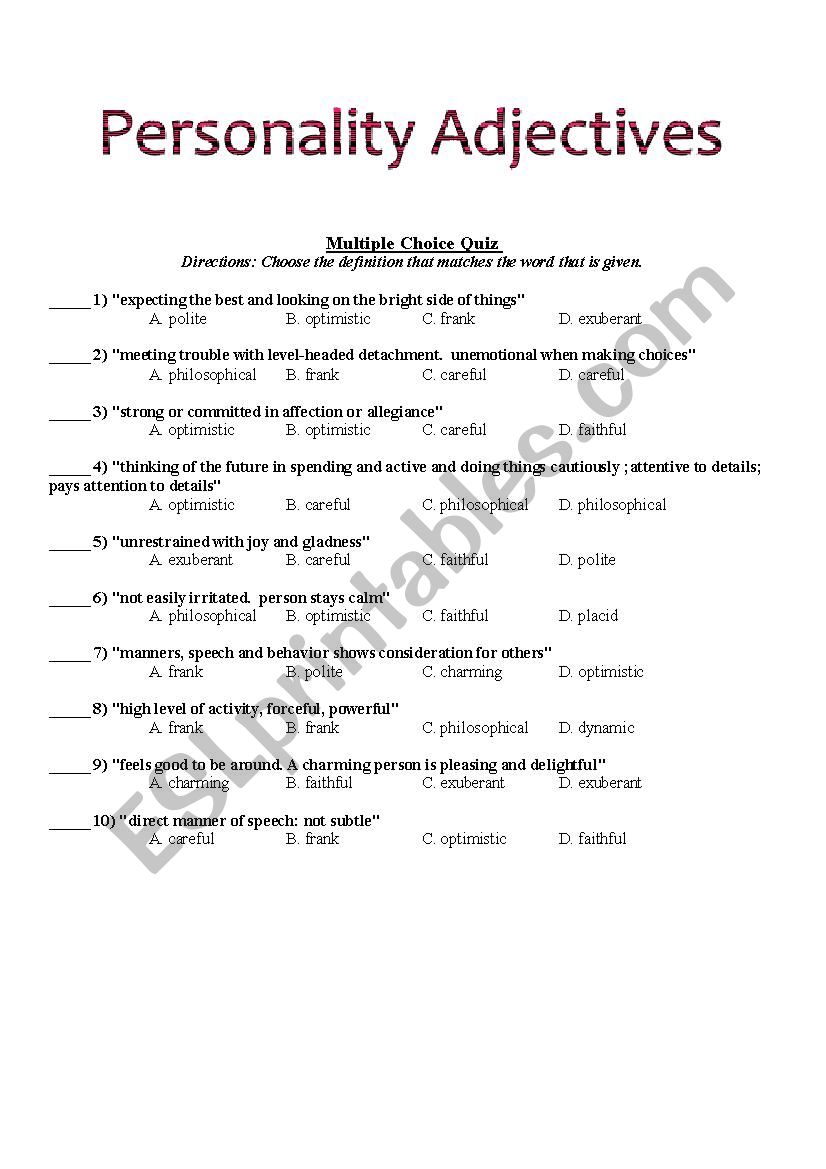 Personality Adjectives Multiple Choice  Word Wheel   KEY