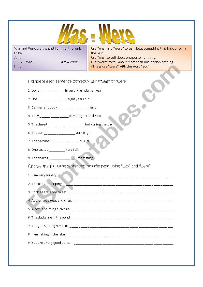 Past tense of the verb to be  worksheet