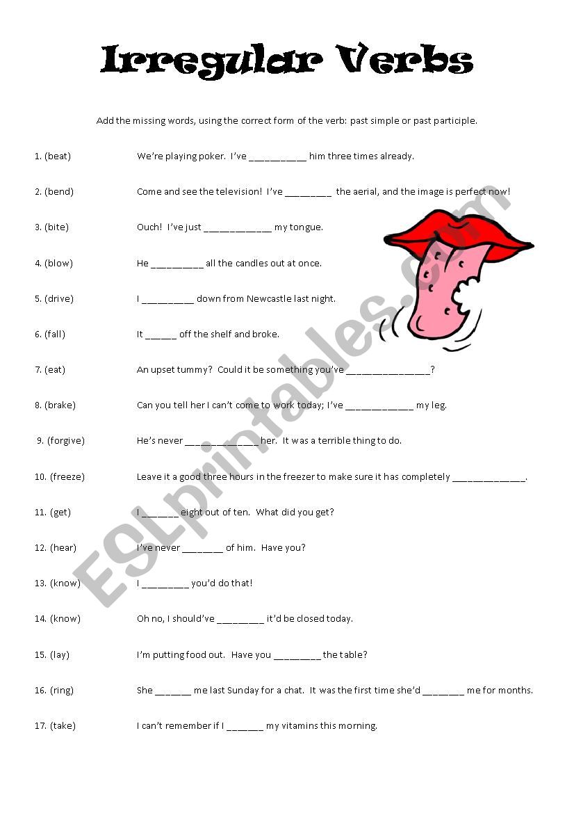 Irregular Verbs Gap Fill worksheet