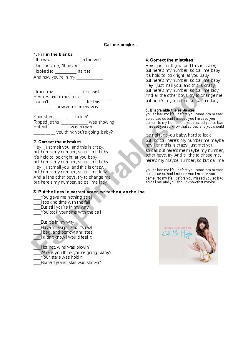 Call me maybe worksheet