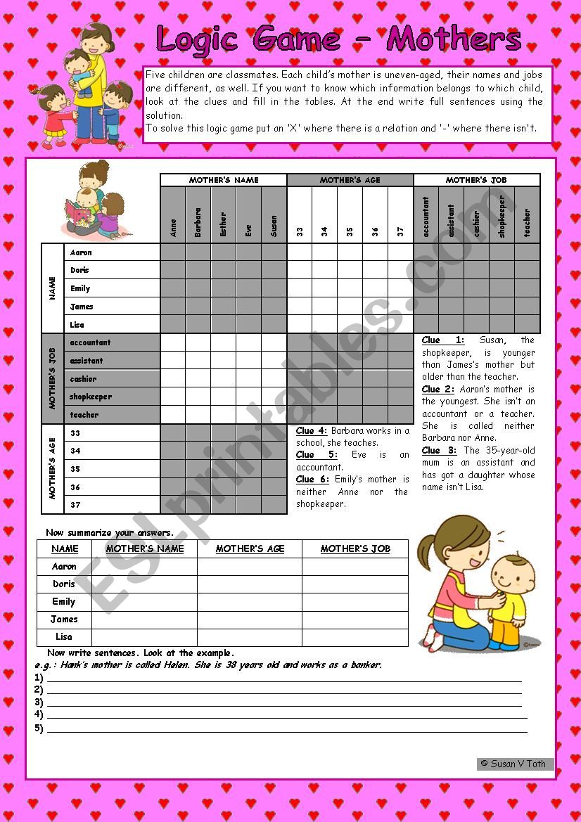 Logic game (44th) - Mothers *** for elementary ss *** with key *** fully editable *** B&W