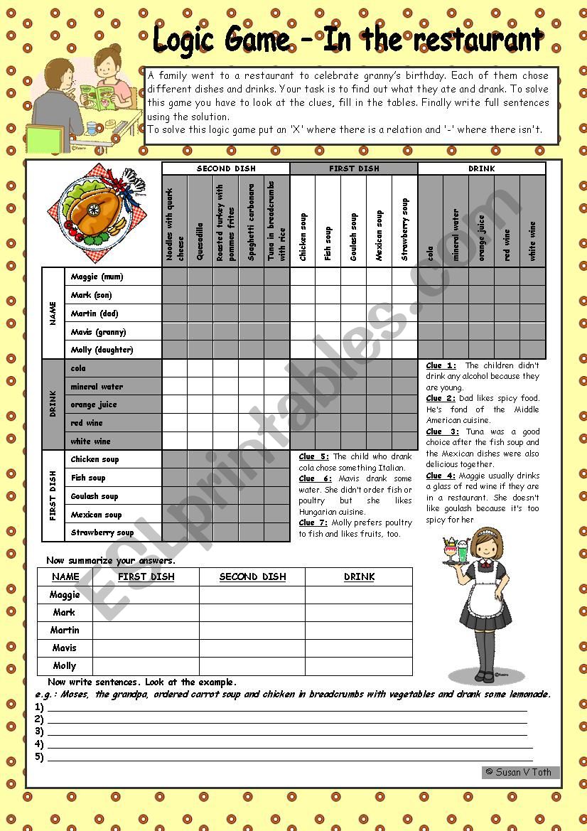 Logic game (46th) - In the restaurant *** with key *** fully editable *** B&W