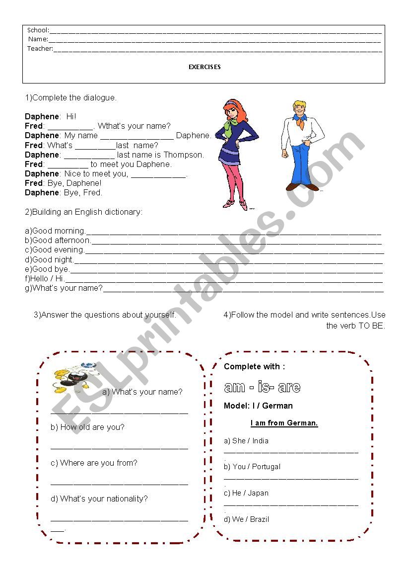 Greetings and verb to be worksheet