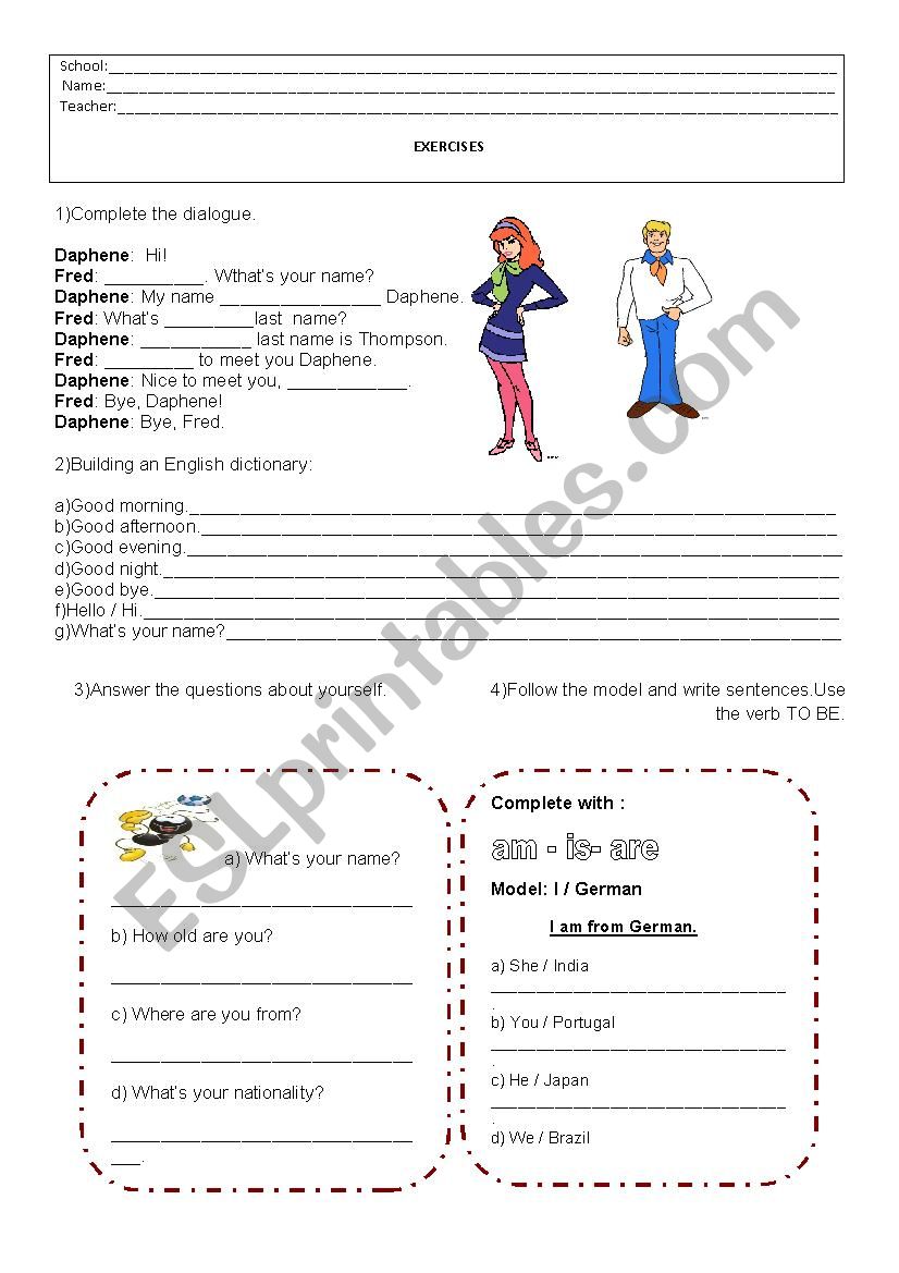 Greetings and verb to be worksheet