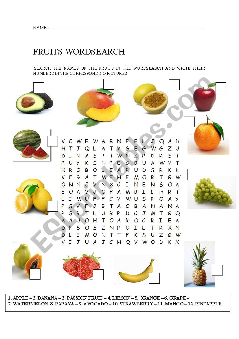 Fruits Wordsearch worksheet