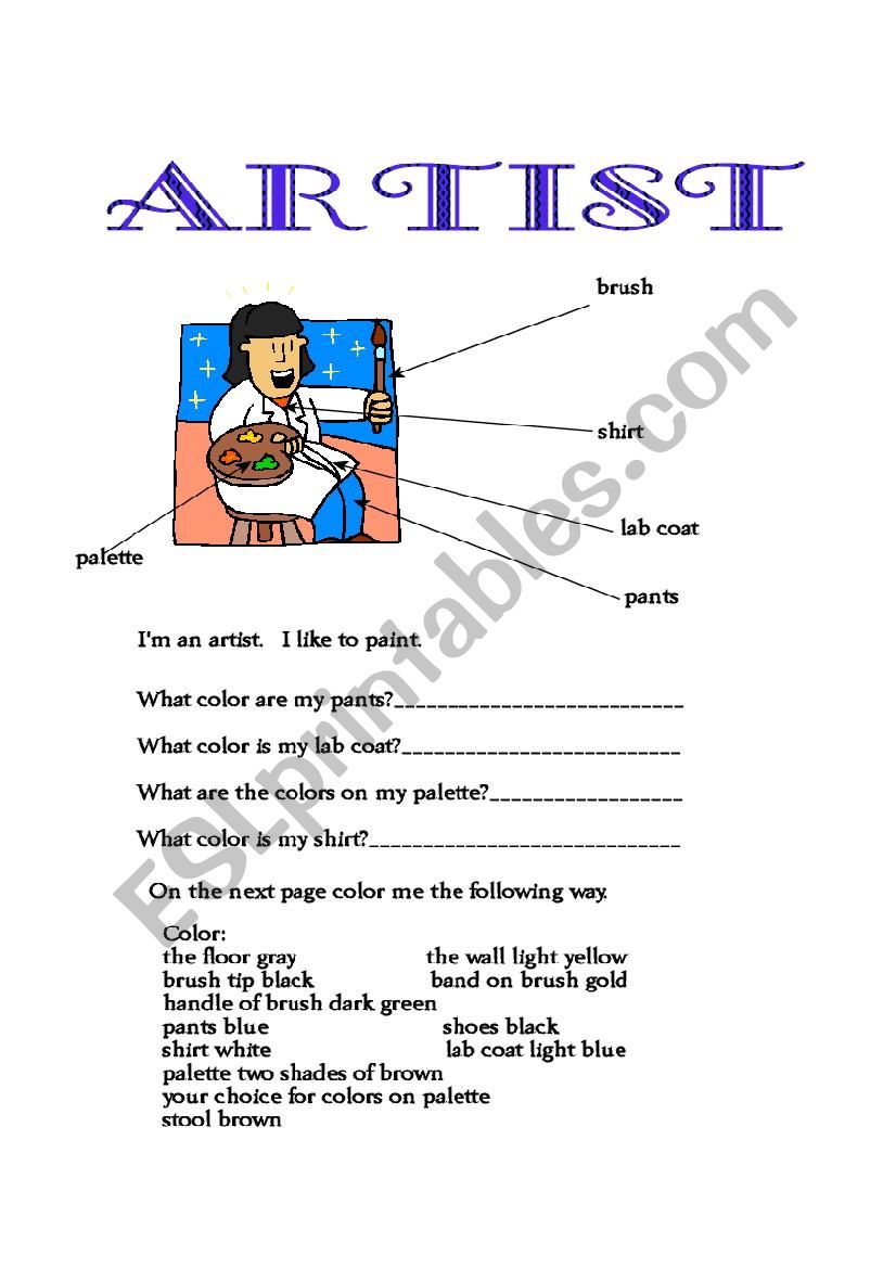 Artist.   Color ME worksheet