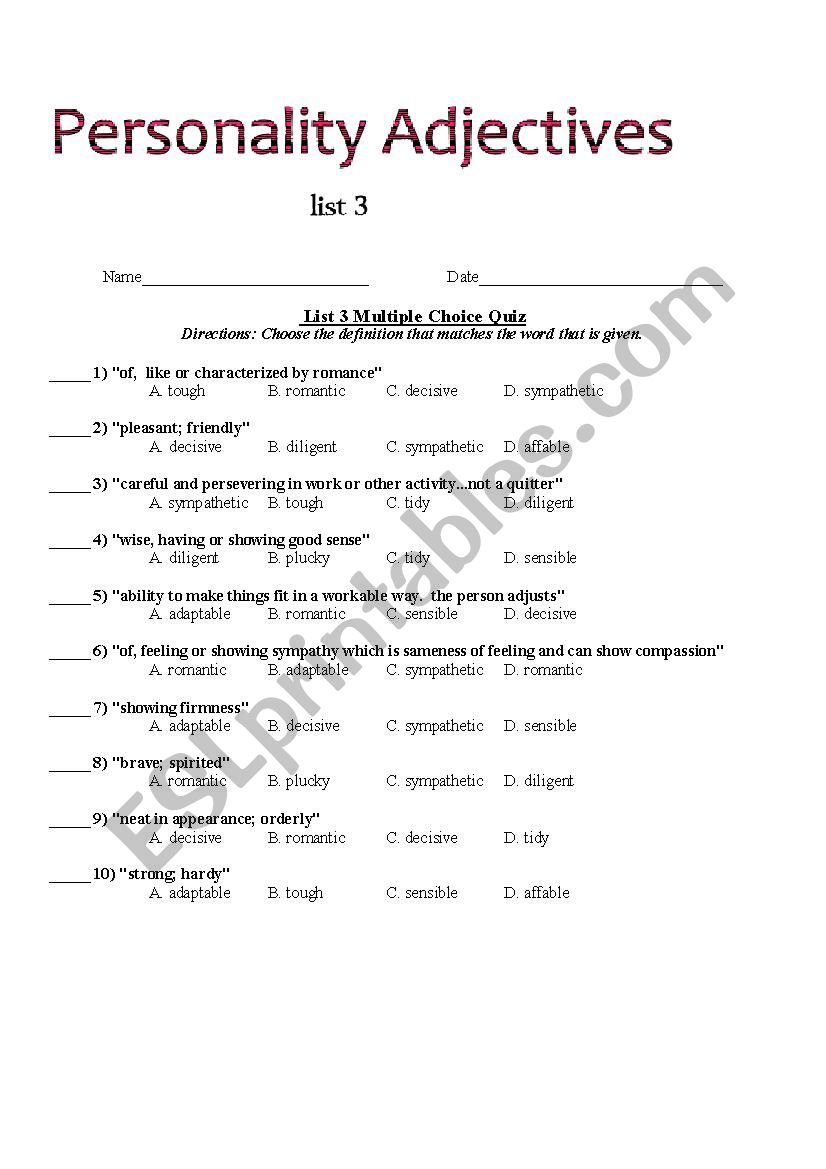 Personality Adjectives.  Multiple choice, Word Wheel.  Vocabulary list    KEYS