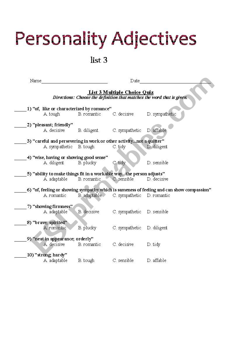 Personality Adjectives.  Multiple choice, Word Wheel.  Vocabulary list    KEYS