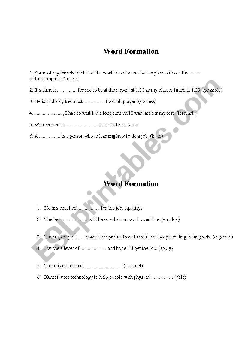 word formation worksheet