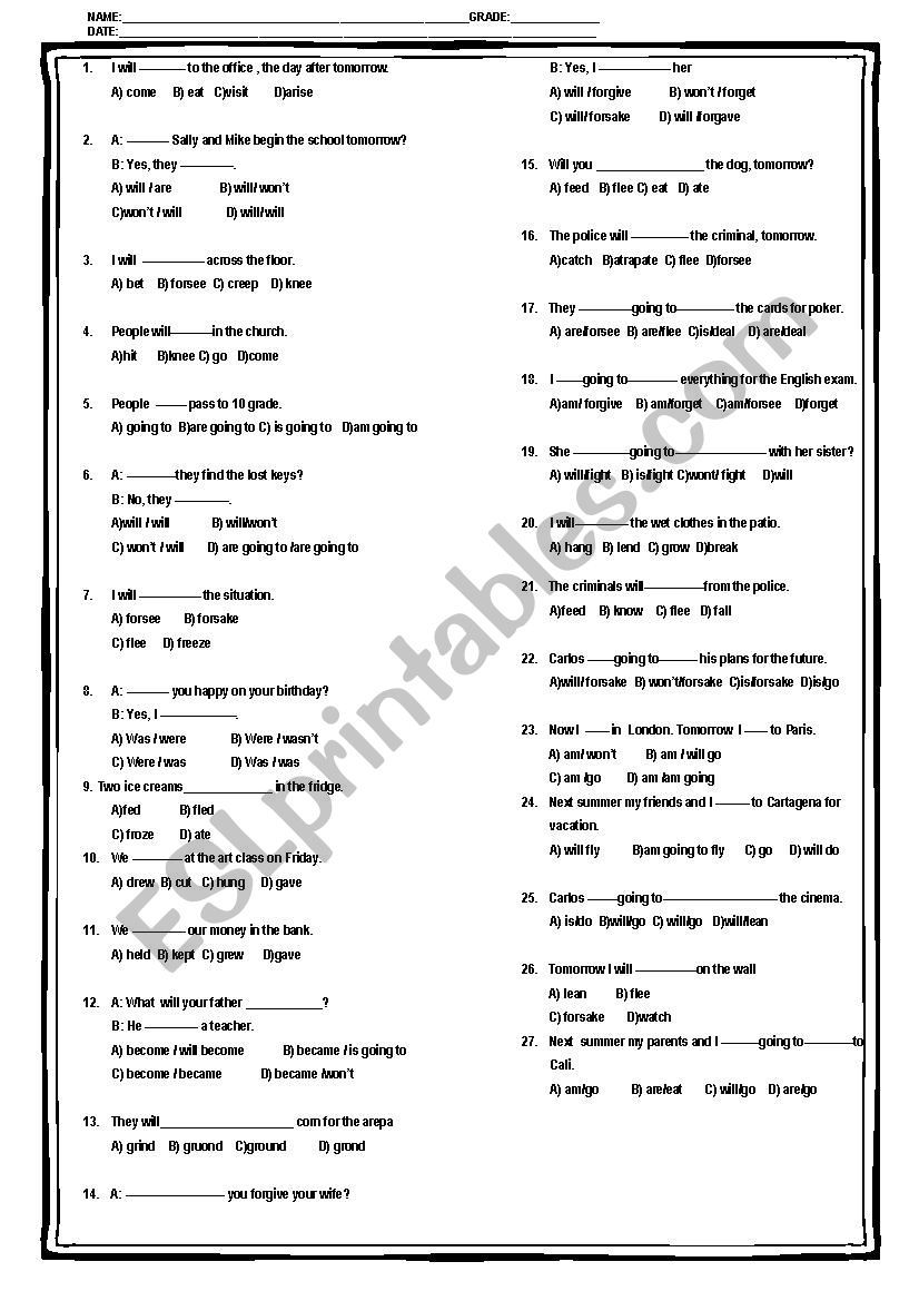 Will-Going to Multiple choice worksheet