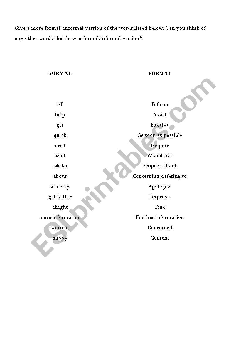 Normal & Formal words worksheet