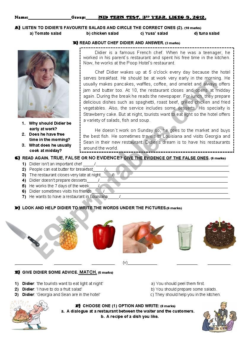 Test on cookinf-food worksheet
