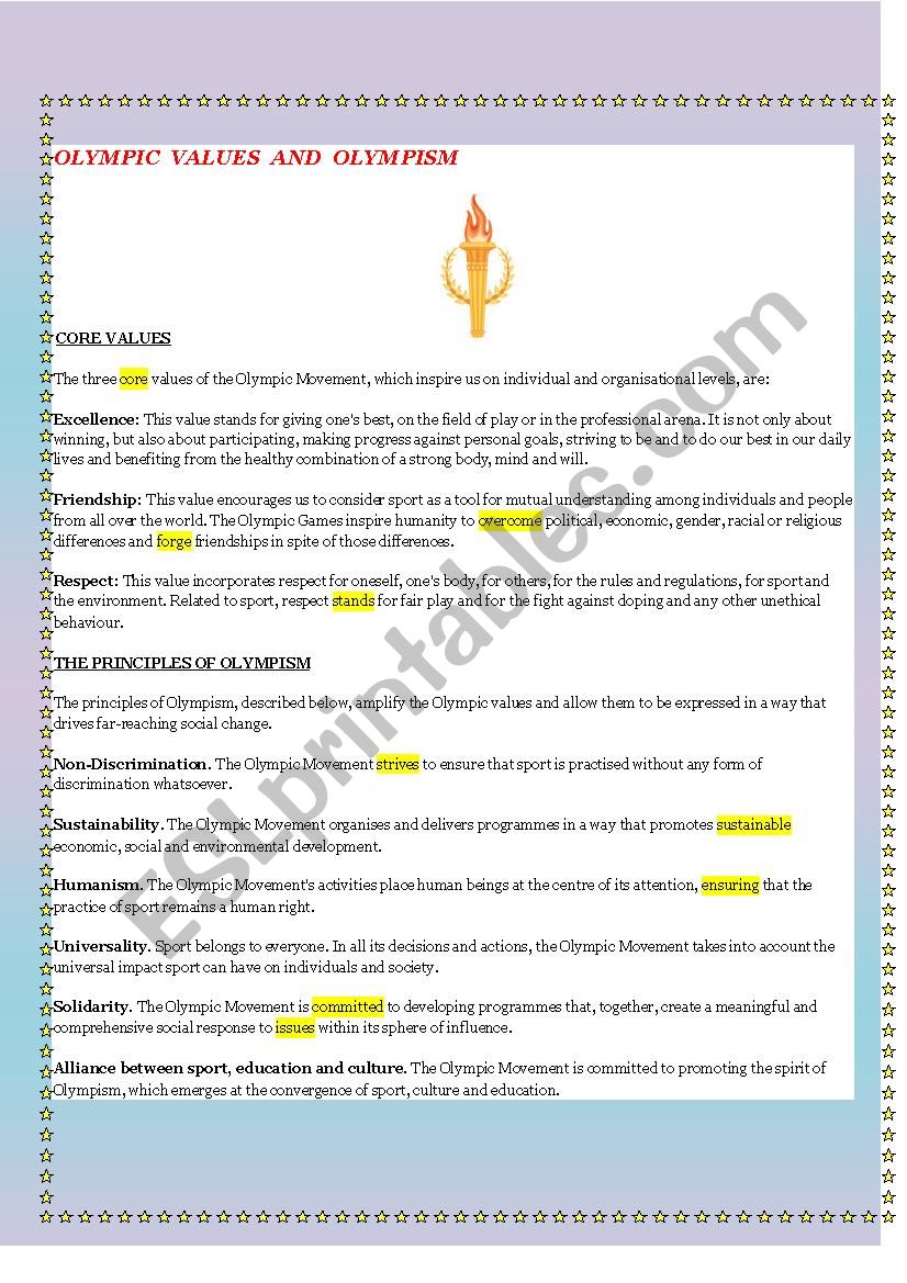 OLYMPIC VALUES AND OLYMPISM worksheet