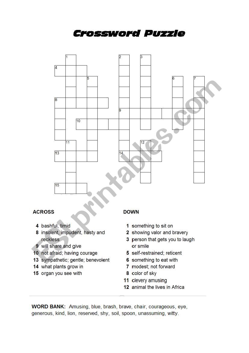 Crossword Puzzle   Mostly personality adjectives  KEY