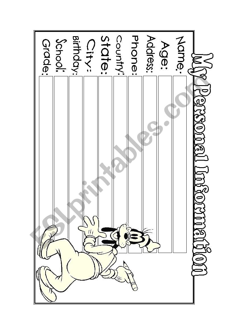 My Personal Information worksheet
