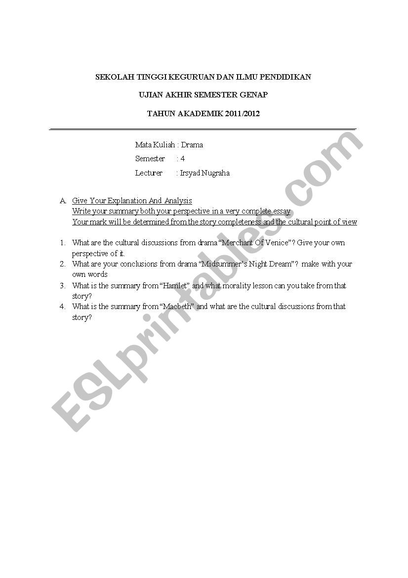 drama  worksheet