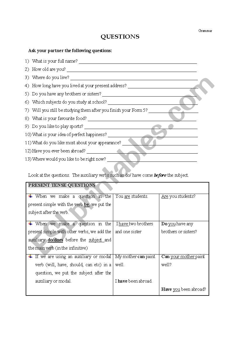 Questions worksheet