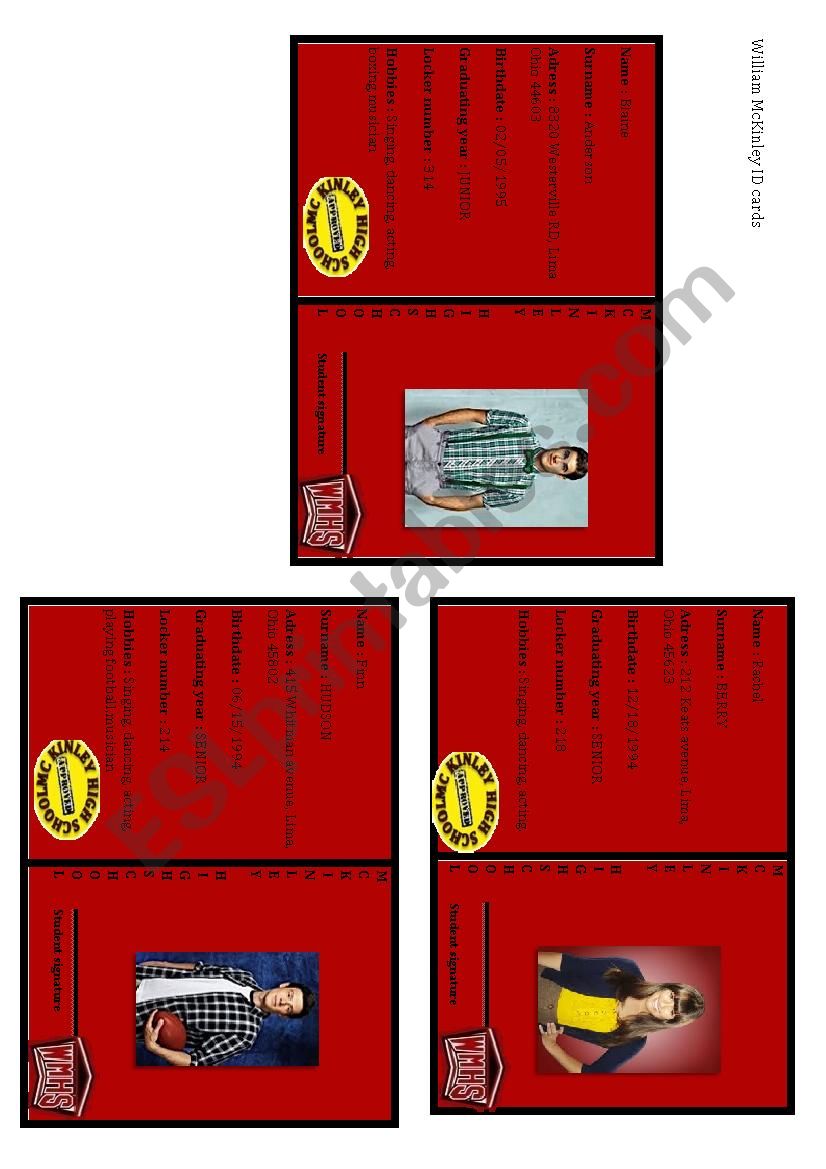 Glee School ID cards worksheet