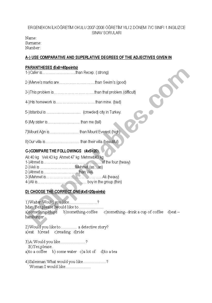 elementary exam questions on comparatives