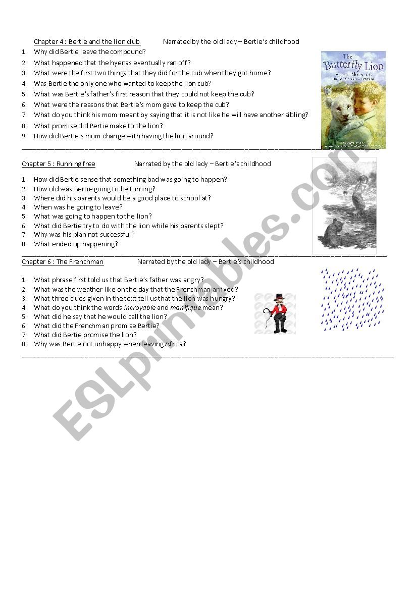 Butterfly Lion Chapter 4-6 worksheet