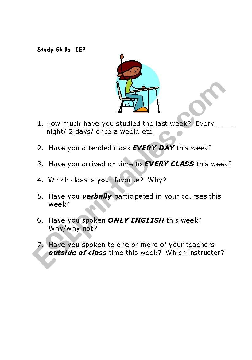 Study Skills Basic Questions worksheet