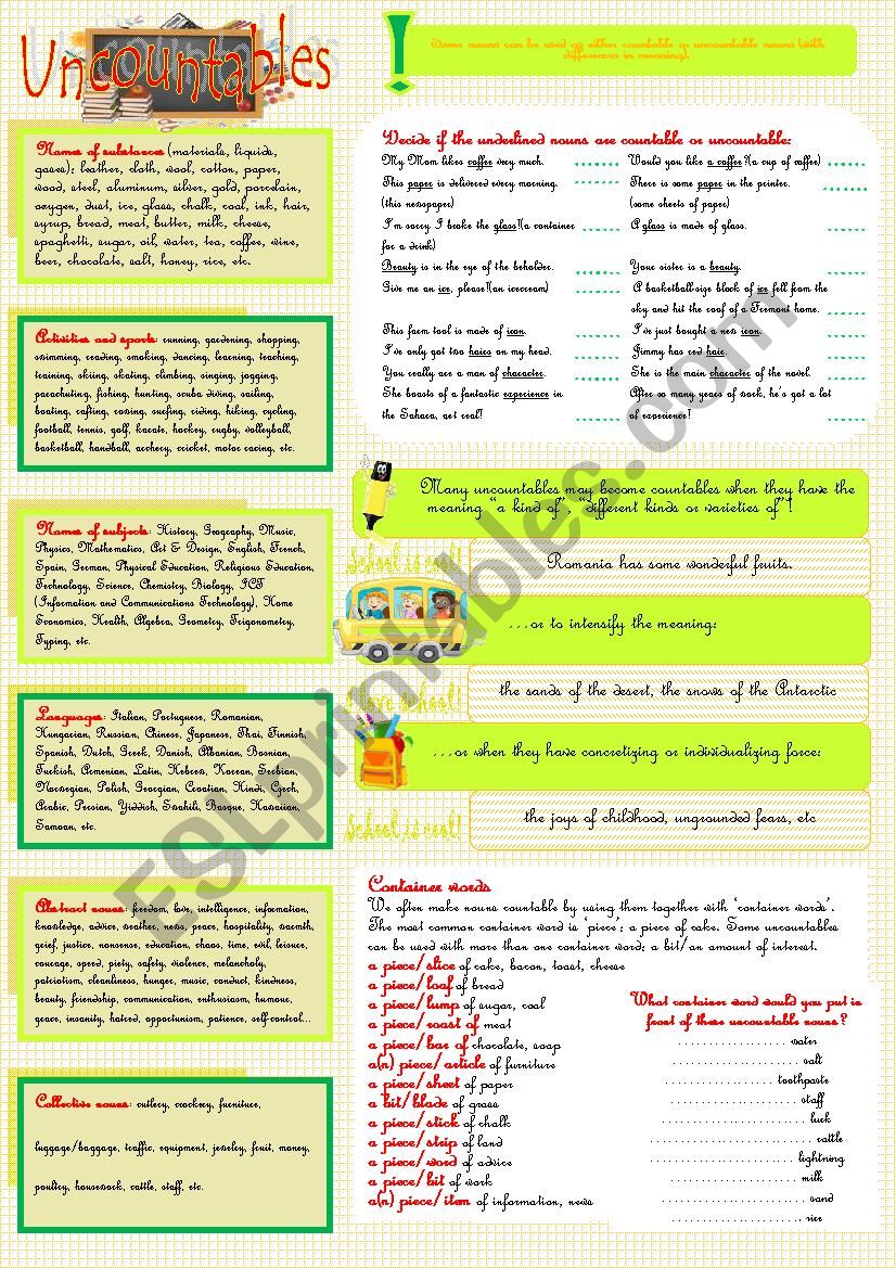 Uncountables worksheet