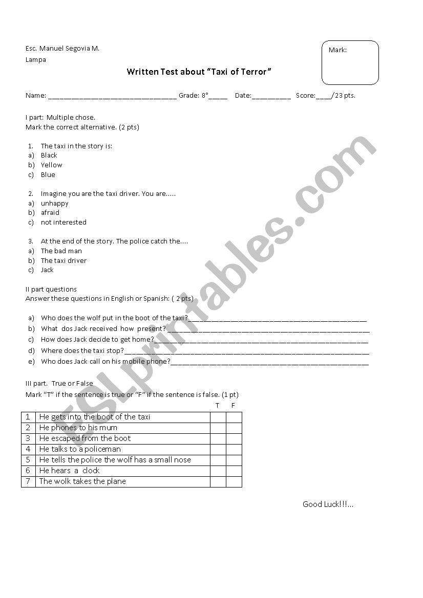 Taxi of Terror worksheet